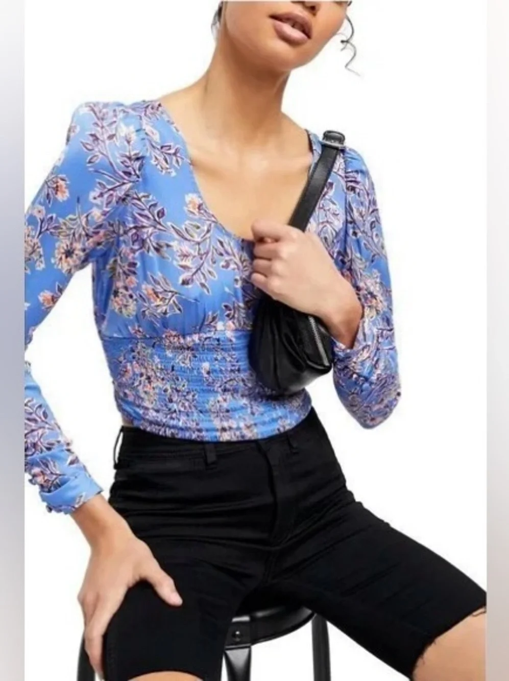Free People Santiago Blue Bell Floral Scoop-Neck Smocked Waist Ruched Sleeve Sm.